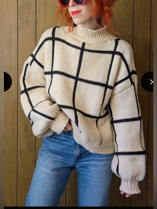Little Lies Sweaters - Little Líes Cream Windowpane Turtleneck Sweater with Black Grid